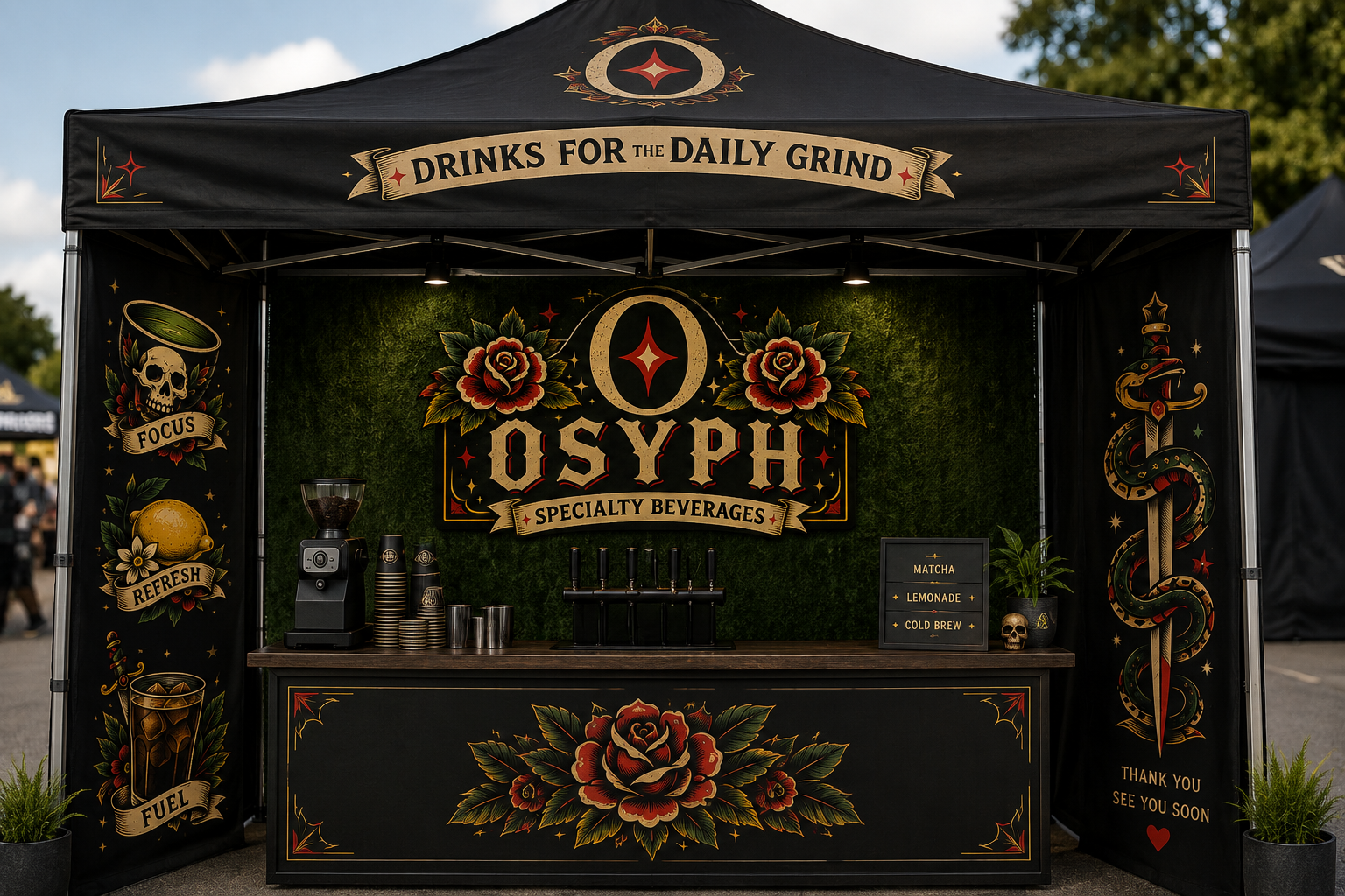 Osyph specialty beverage booth with American traditional artwork